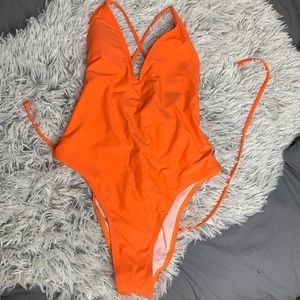 Orange Deep V/High Cut /BackCrisscross Swimsuit